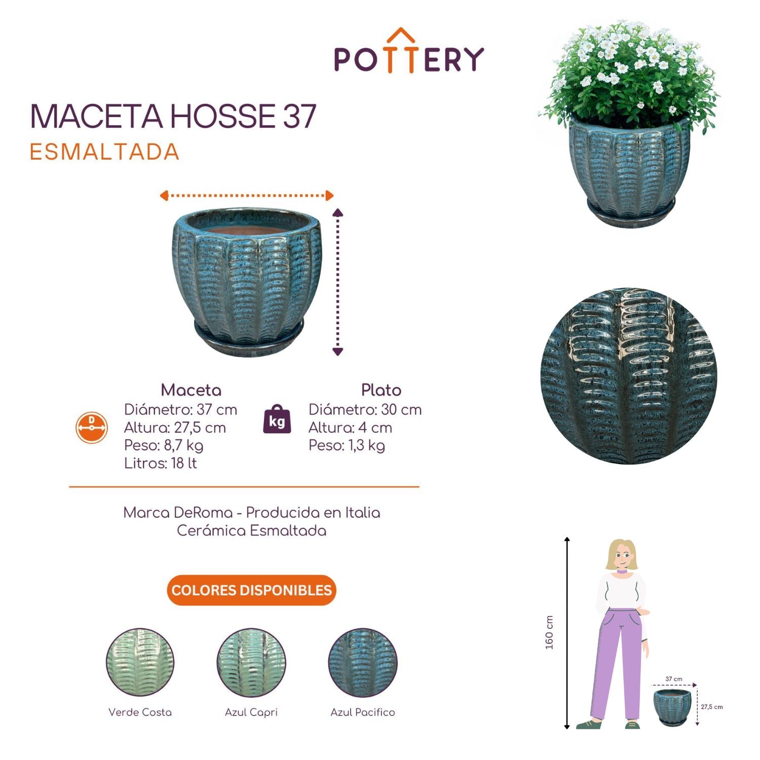 MACETA HOSSE 37 AZUL PACIFICO CON PLATO - 2