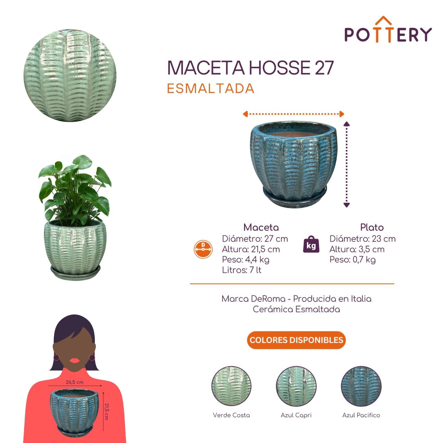 MACETA HOSSE 27 VERDE COSTA CON PLATO - 2