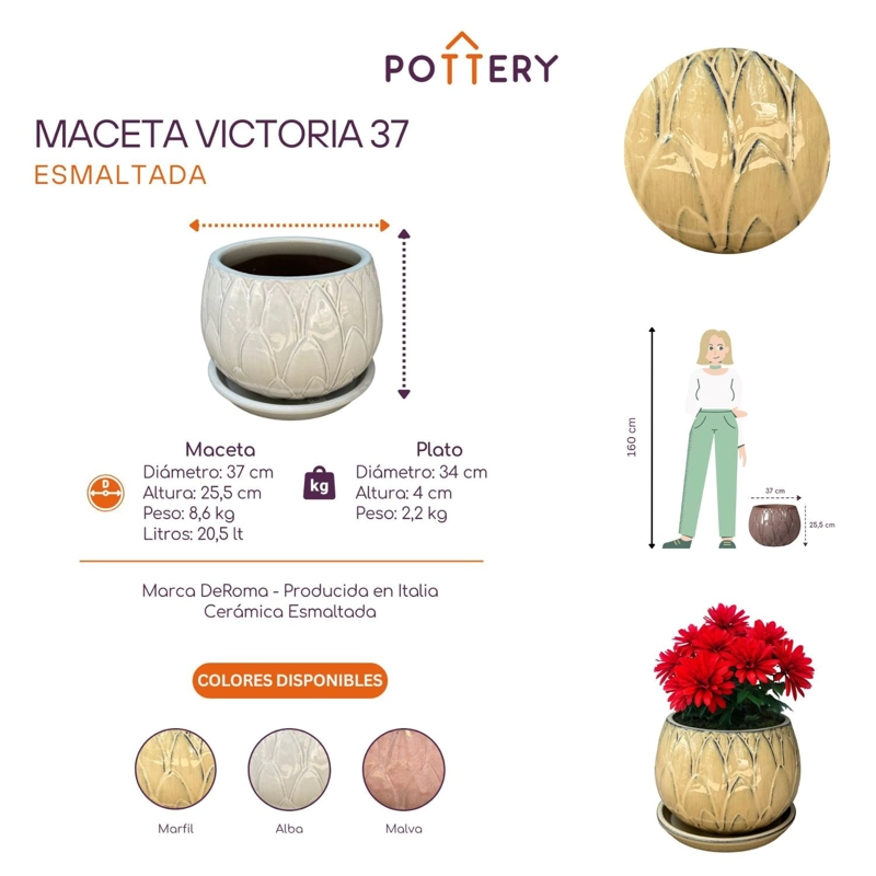 MACETA VICTORIA 37 MARFIL CON PLATO - 2