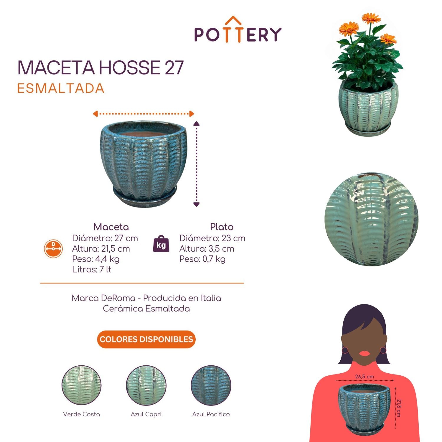 MACETA HOSSE 27 AZUL CAPRI CON PLATO - 2