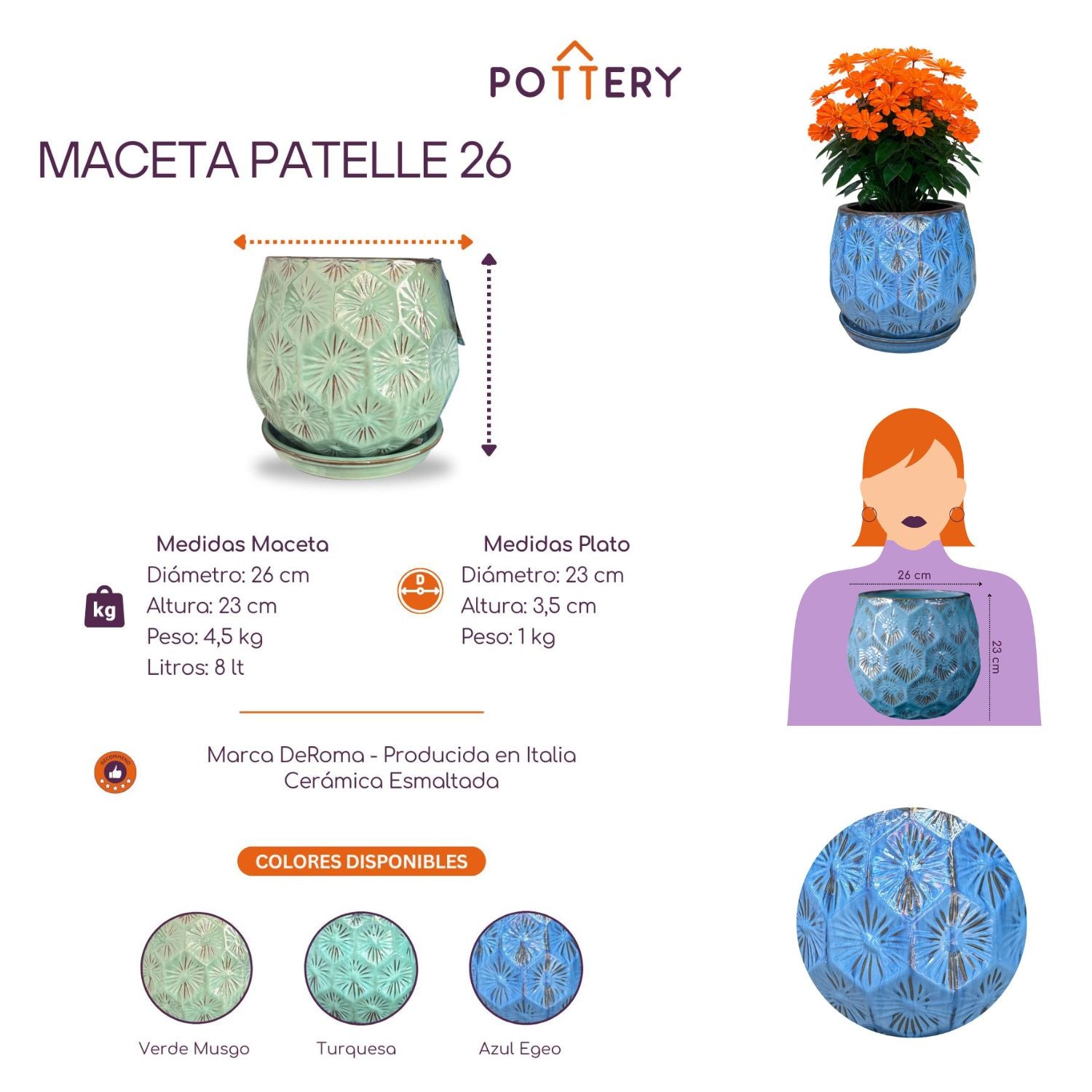 MACETA PATELLE 26 AZUL EGEO CON PLATO - 2
