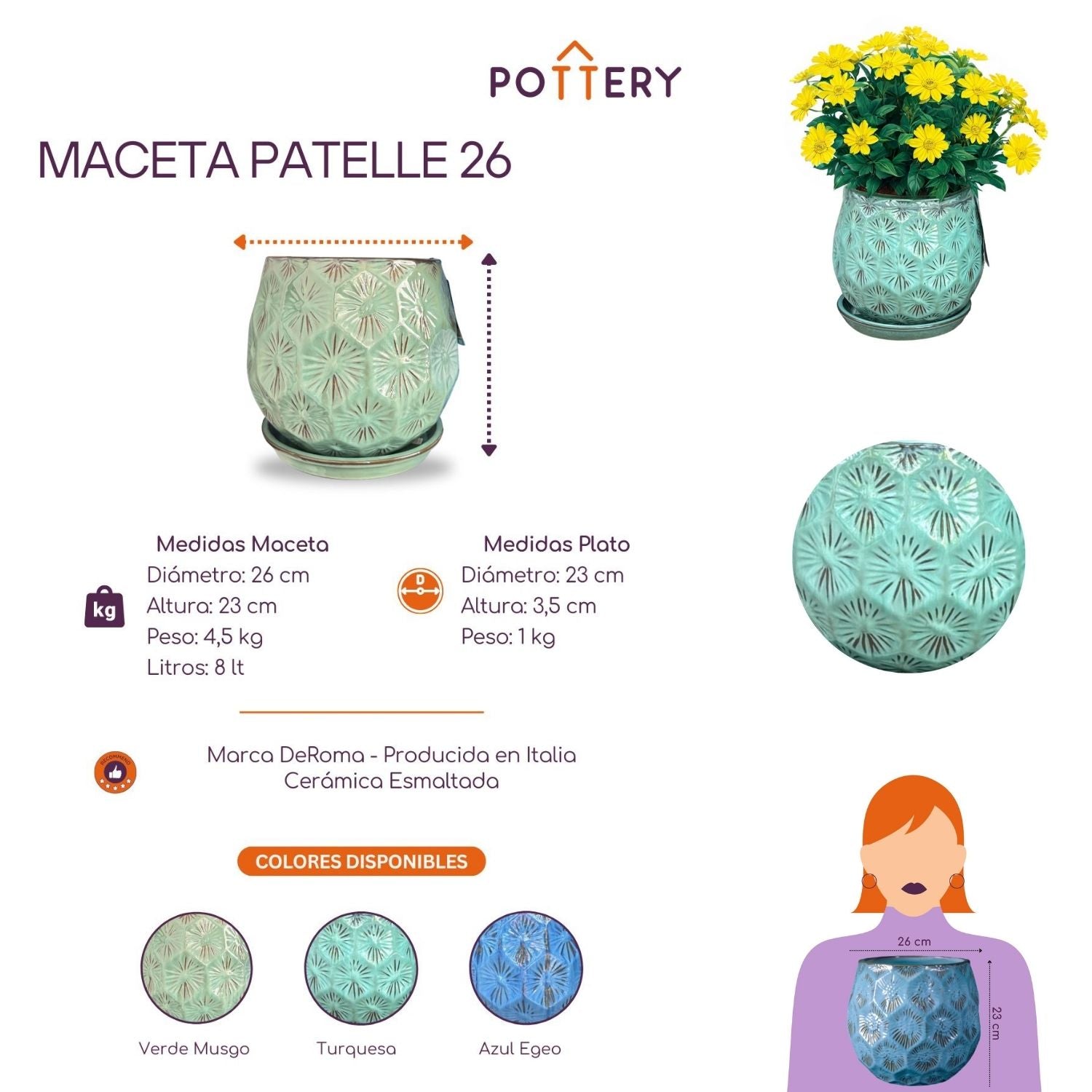 MACETA PATELLE 26 TURQUESA CON PLATO - 2