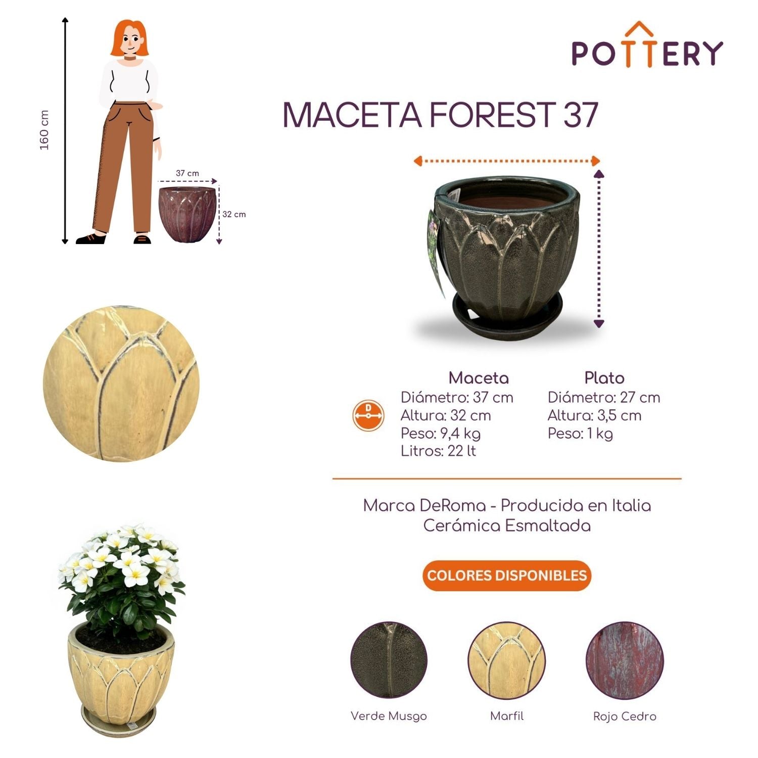 MACETA FOREST 37 MARFIL CON PLATO - 2