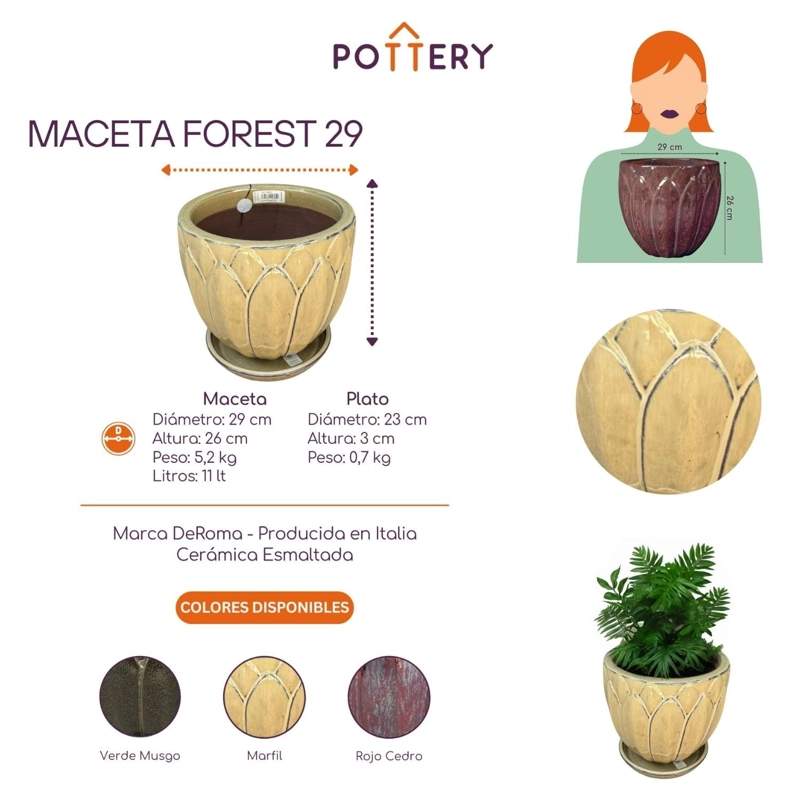 MACETA FOREST 29 MARFIL CON PLATO - 2