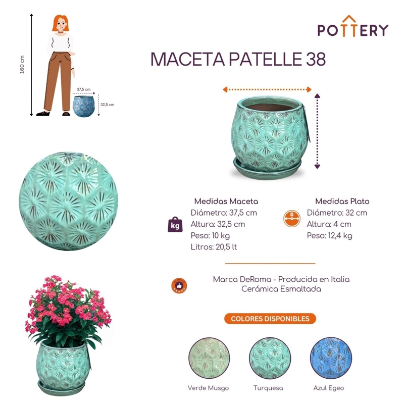 MACETA PATELLE 38 TURQUESA CON PLATO - 2
