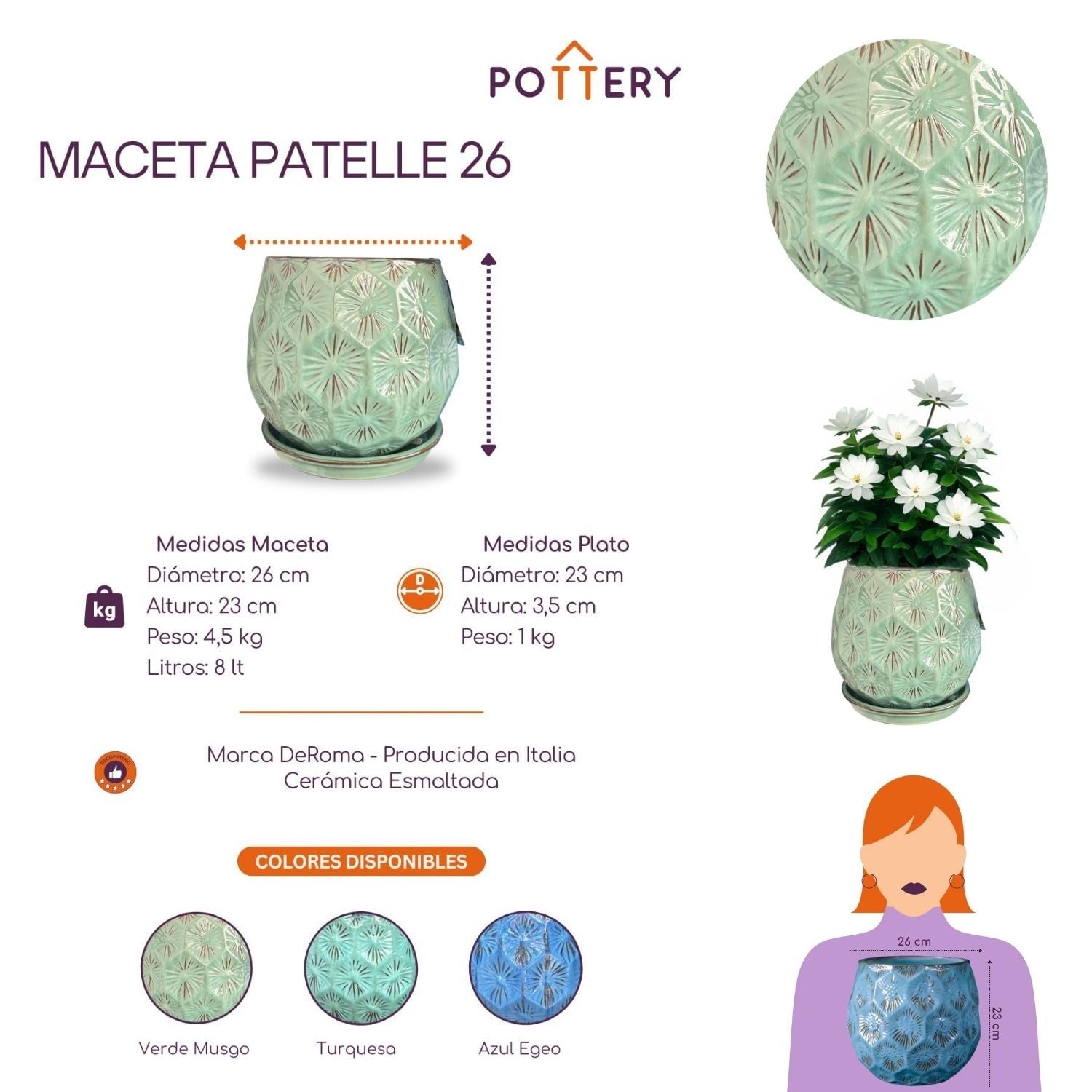 MACETA PATELLE 26 VERDE MUSGO CON PLATO - 2