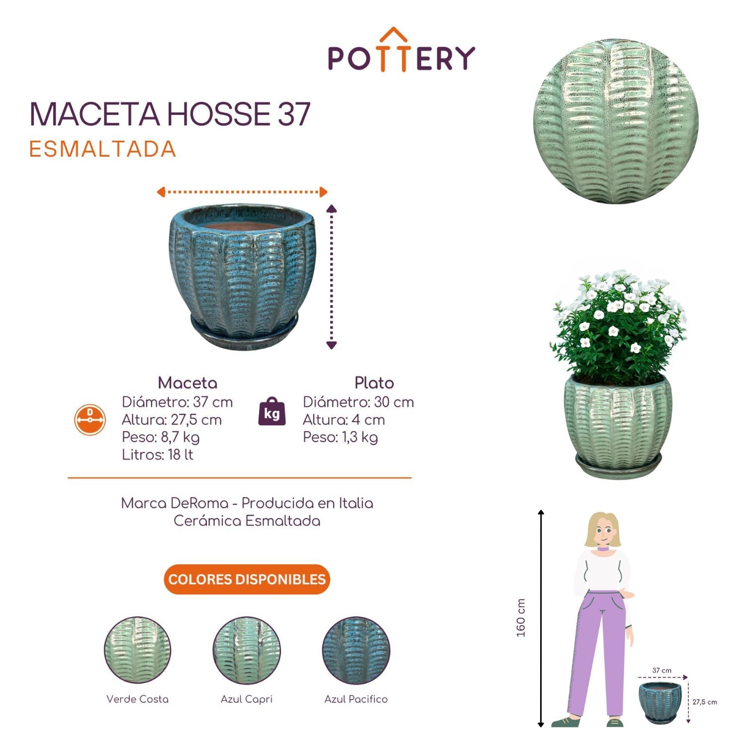 MACETA HOSSE 37 VERDE COSTA CON PLATO - 2