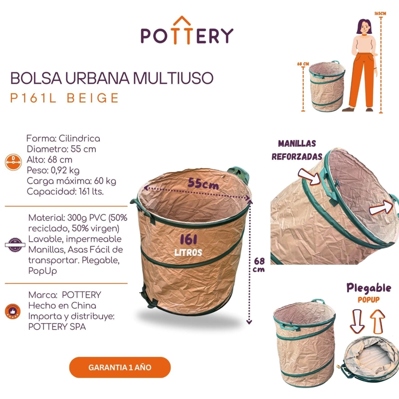 BOLSA MULTIUSO POPUP PLEGABLE 161LTS BEIGE PVC300G - 3