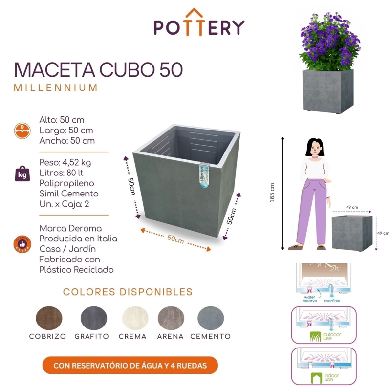 MACETA CUBO DEROMA 50X50CM GRAFITO - 3