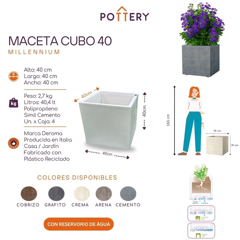 MACETA CUBO DEROMA 40X4OCM CEMENTO - 2