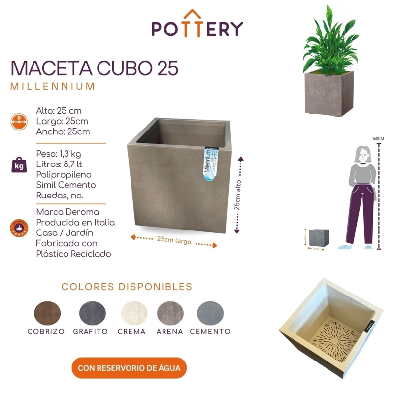 MACETA CUBO DEROMA 25X25CM ARENA - 4