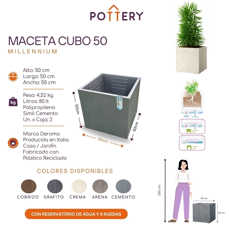 MACETA CUBO DEROMA 50X50CM CREMA - 3