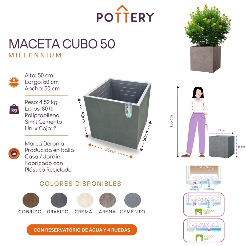 MACETA CUBO DEROMA 50X50CM ARENA - 3