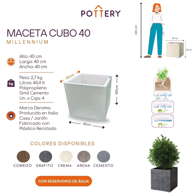 MACETA CUBO DEROMA 40X40CM GRAFITO - 3