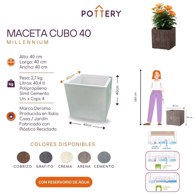 MACETA CUBO DEROMA 40X40CM COBRE - 4