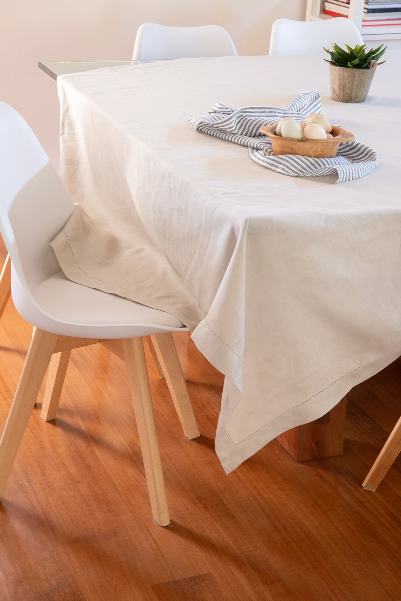 MANTEL DESHILADO DE LINO BEIGE 10-12 PERSONAS - 1