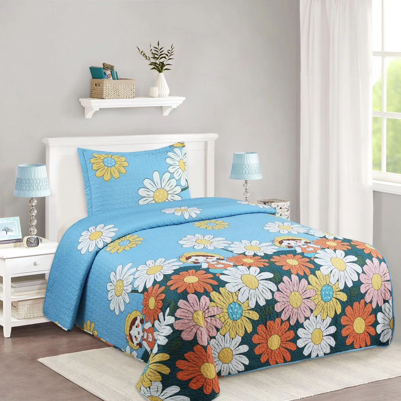 CUBRECAMA AZUL QUILT PLAZA Y MEDIA DISEÑO JARDIN - 1