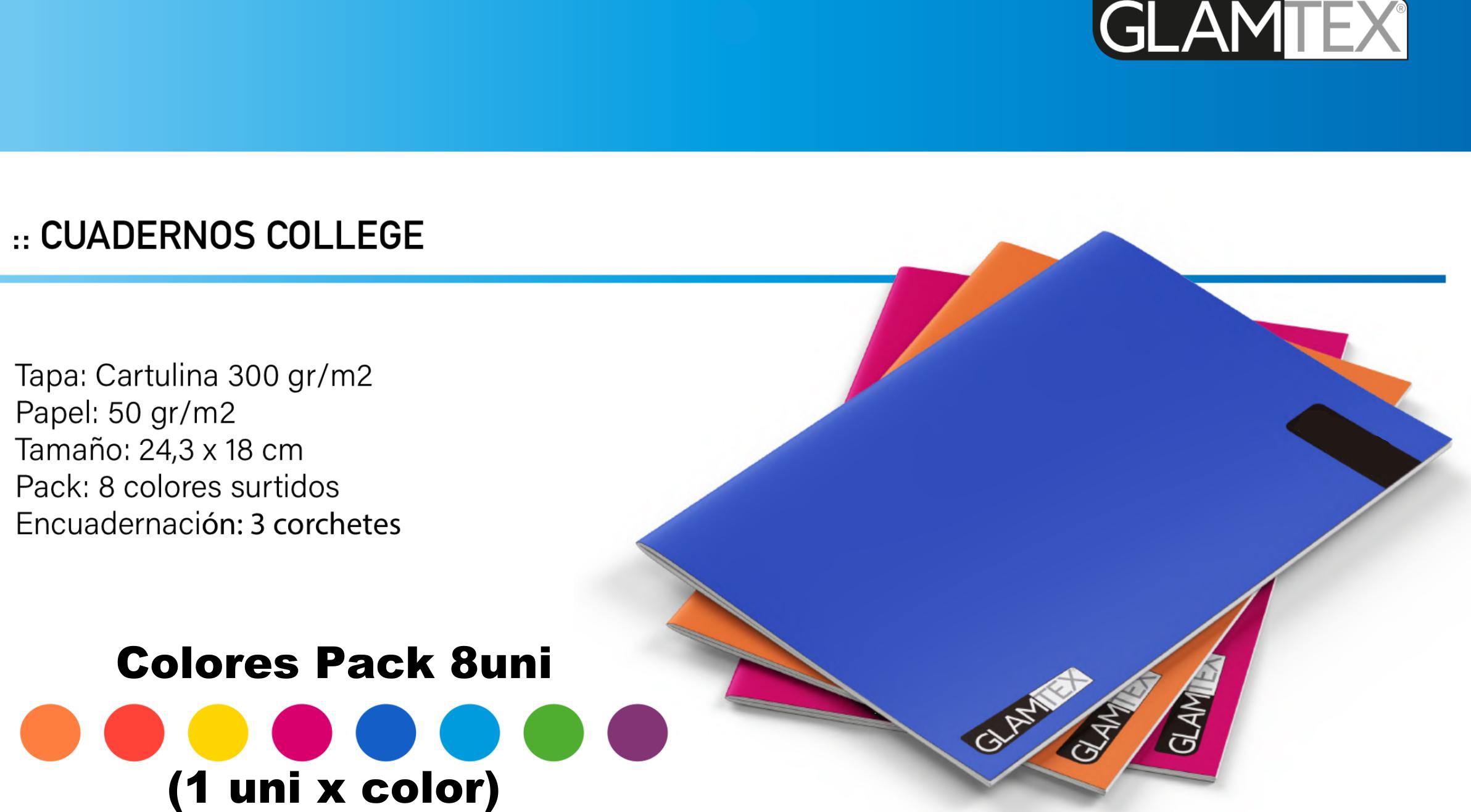 PACK X8 CUADERNOS COLLEGE GLAM 80 HOJAS CALIGRAFIA VERT. COLORES - 2
