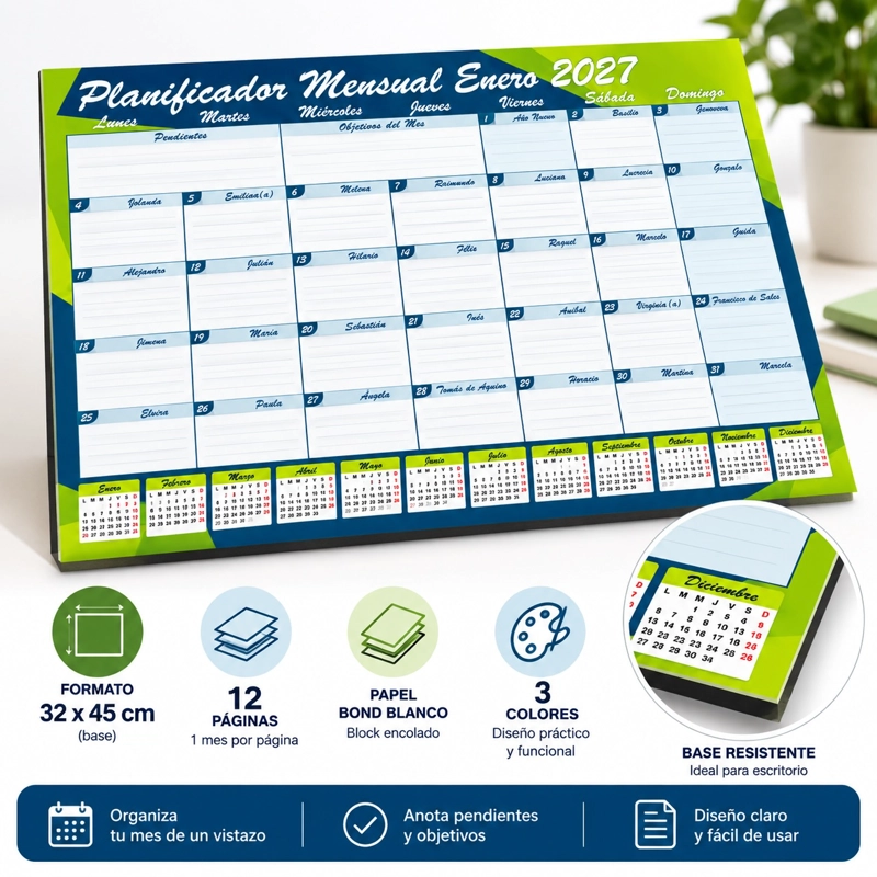 PLANNER BUHO CALENDARIO AGENDA MENSUAL DE ESCRITORIO TRABAJO 2027 - 10U - 3