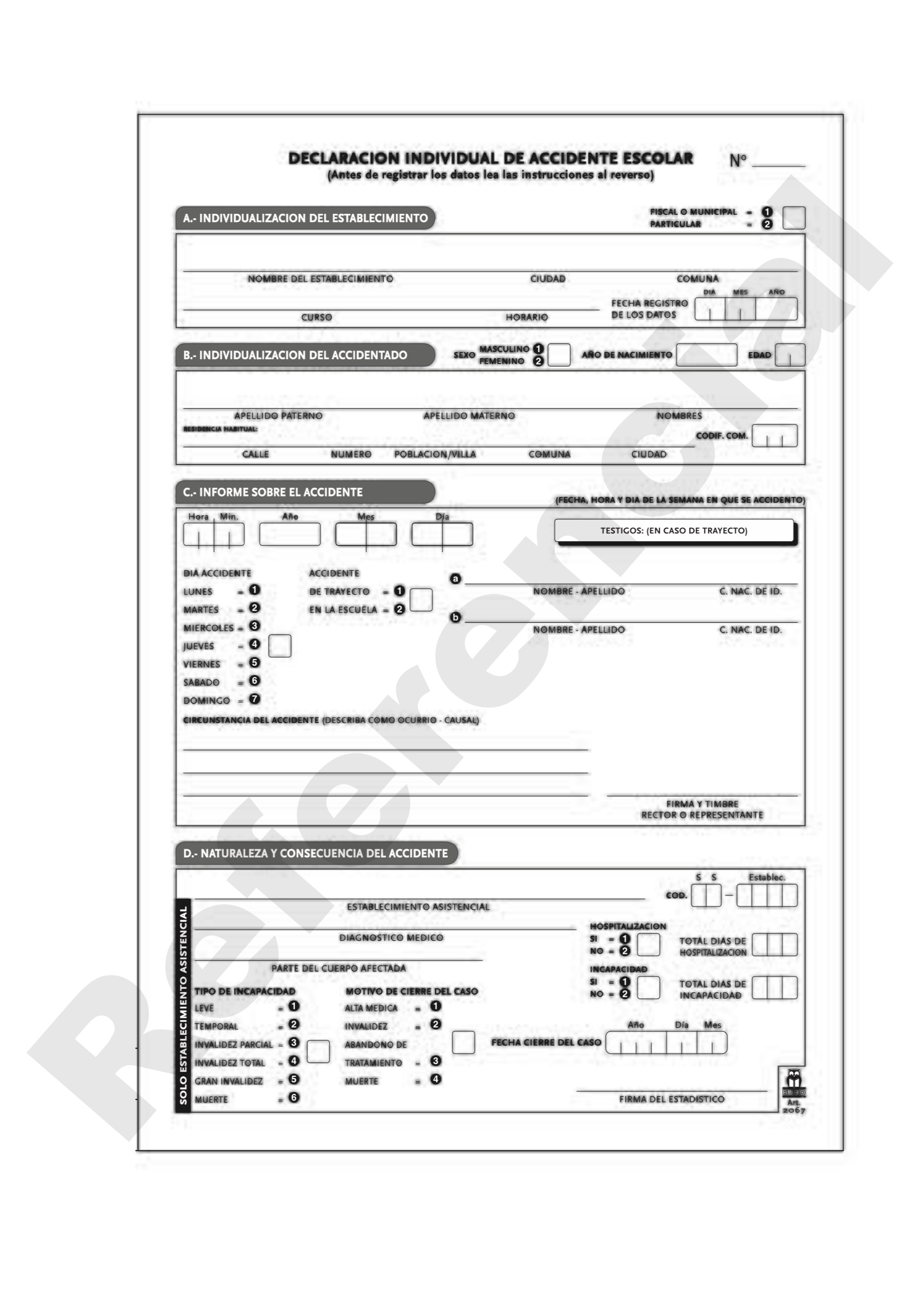LIBRO DECLARACION ACCIDENTE ESCOLAR 5°COPIA AUTOCOPIAD BUHO - 1