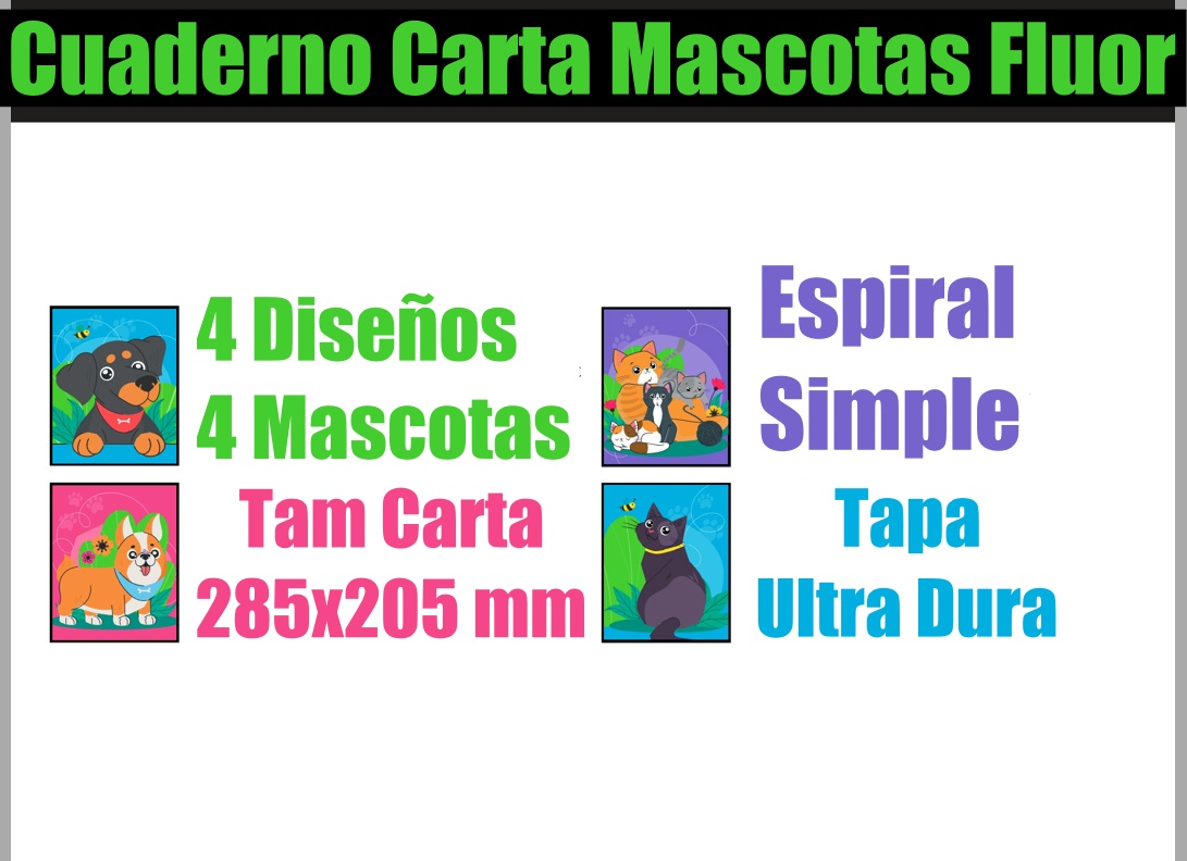 CUADERNO GLAMTEX CARTA 120H 7MM MASCOTAS 4UNI - 6