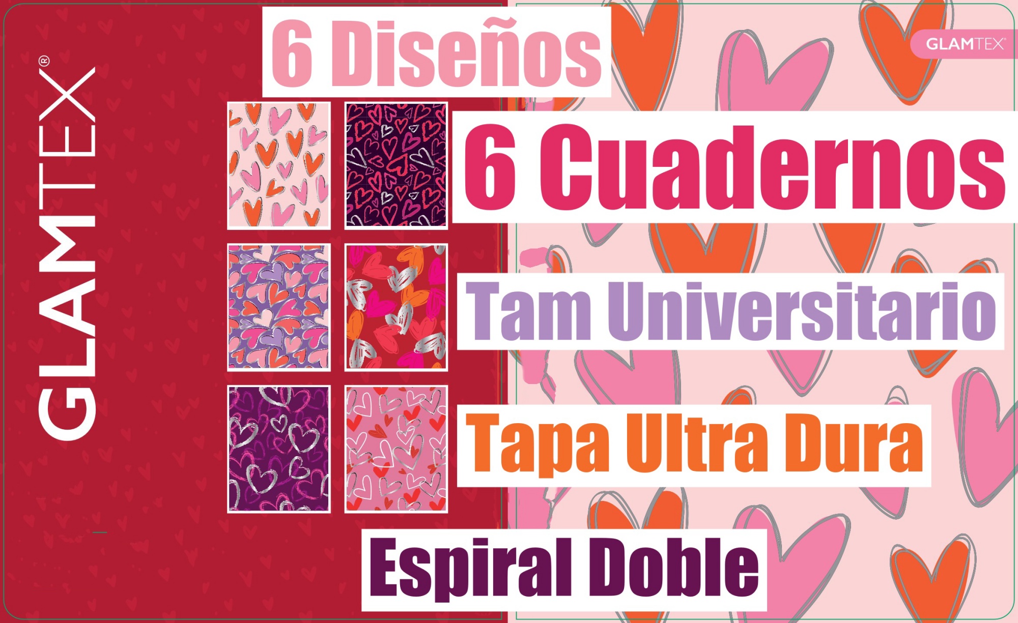 CUADERNO GLAMTEX UNIVESITARIO TAPA EXTRA DURA 100H 7MM CORAZONES 6U - 9