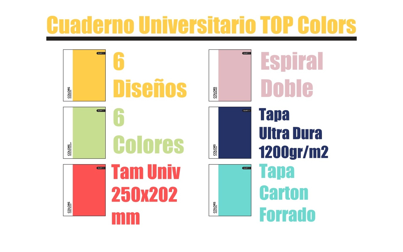 CUADERNO GLAMTEX UNIVESITARIO TAPA EXTRA DURA 100H 7MM COLORS 6U - 11