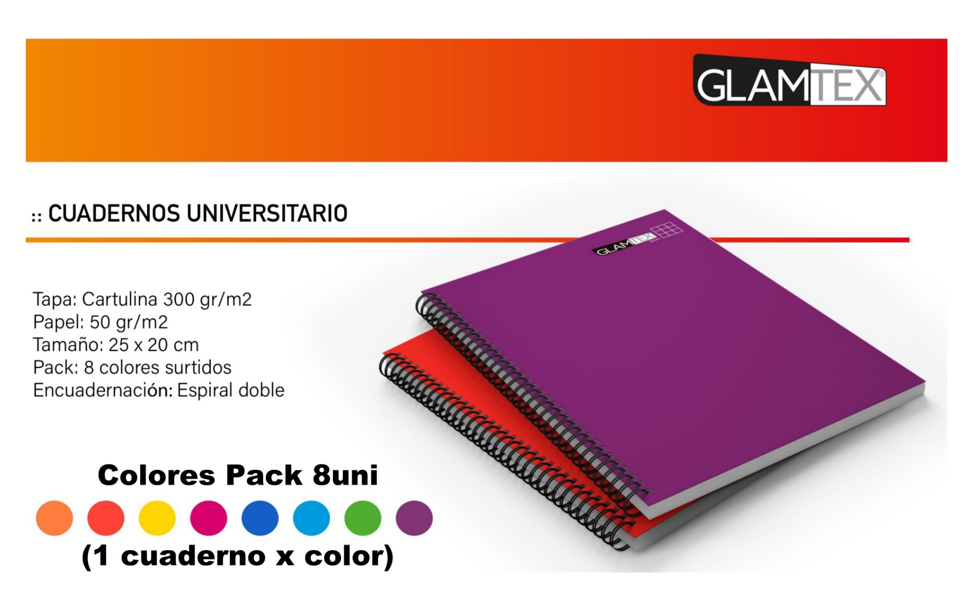 CUADERNO GLAMTEX UNIVERSITARIO 100H CROQUIS LISO COLORS 8U - 4