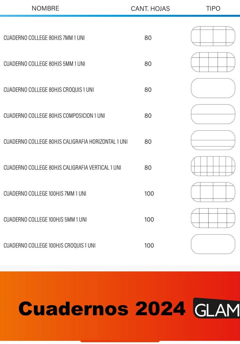 CUADERNO GLAMTEX COLLEGE 100H 7MM MATEMATICA LISO COLORS 10U - 4