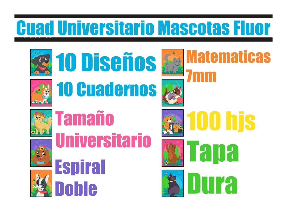 CUADERNO GLAMTEX UNIVESITARIO T.DURA 100H 7MM MASCOTAS 10UN - 2