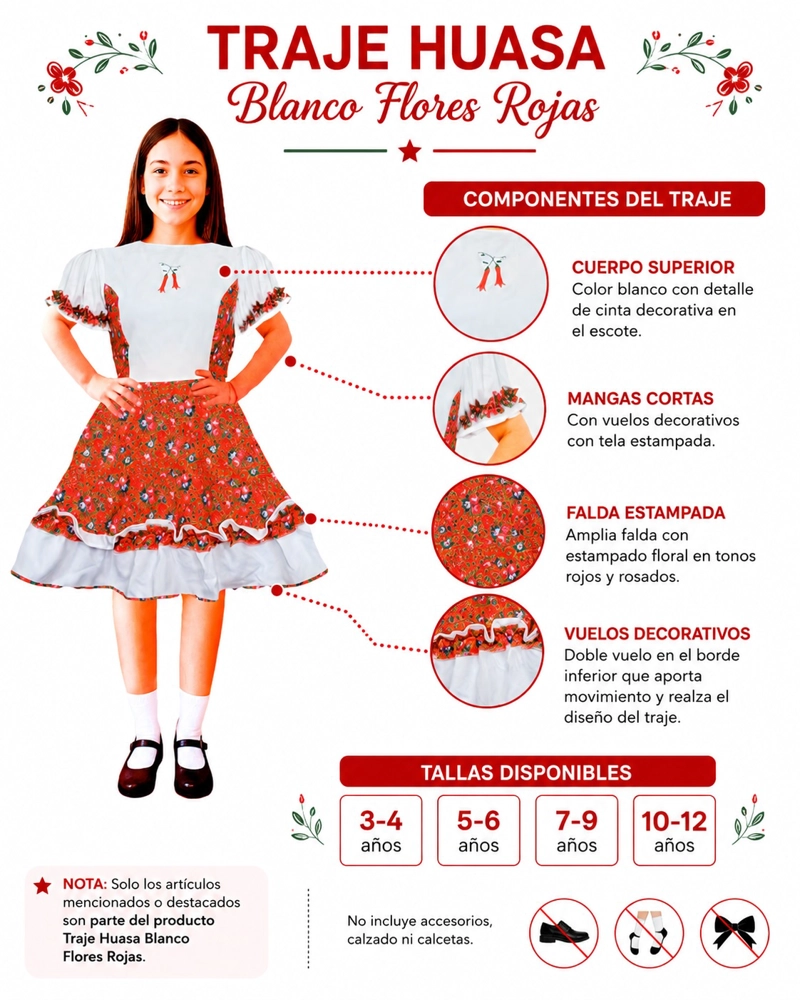 TRAJE HUASA NIÑA FLORES ROJAS GLAM VARIAS TALLAS - 3