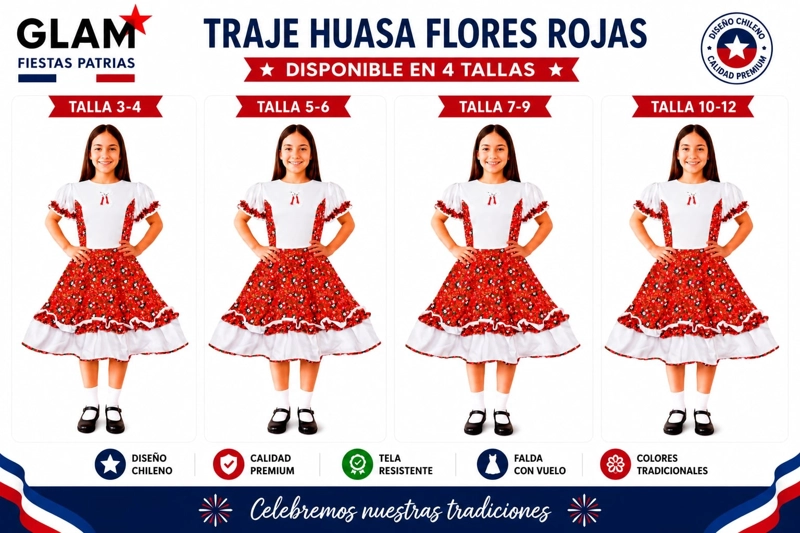 TRAJE HUASA NIÑA FLORES ROJAS GLAM VARIAS TALLAS - 4