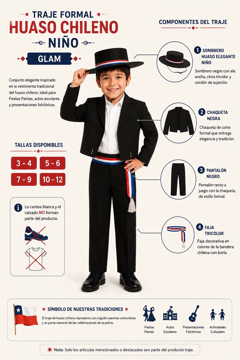TRAJE HUASO NIÑO GLAM PACK C/SOMBRERO VARIAS TALLAS - 4
