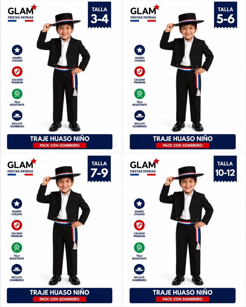 TRAJE HUASO NIÑO GLAM PACK C/SOMBRERO VARIAS TALLAS - 5
