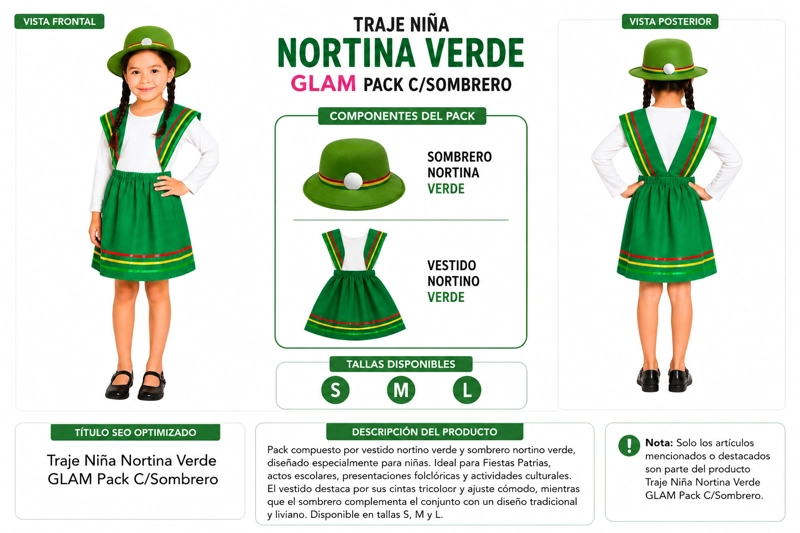 TRAJE NIÑA NORTINA VERDE GLAM PACK C/SOMBRERO - 4