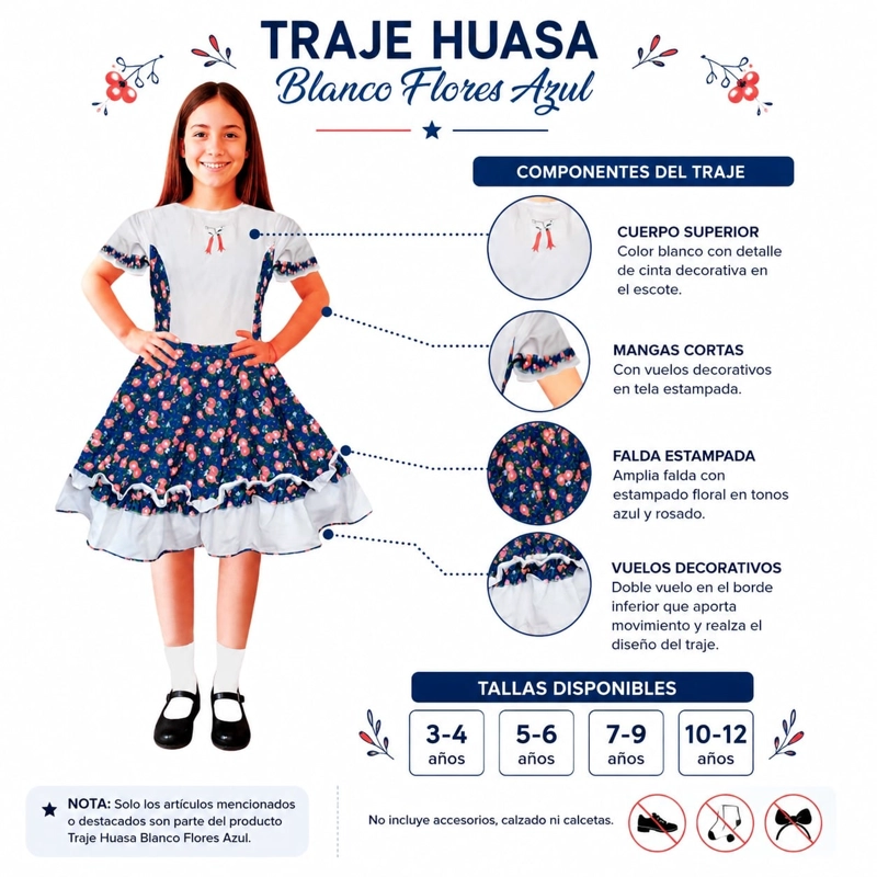 TRAJE HUASA NIÑA FLORES AZUL GLAM VARIAS TALLAS - 3