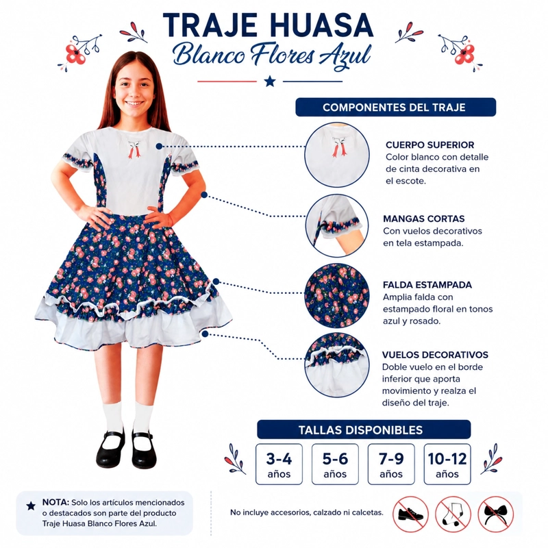 TRAJE HUASA NIÑA FLORES AZUL GLAM VARIAS TALLAS - 3