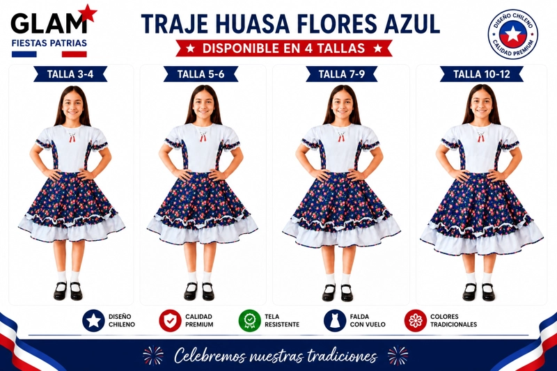 TRAJE HUASA NIÑA FLORES AZUL GLAM VARIAS TALLAS - 4