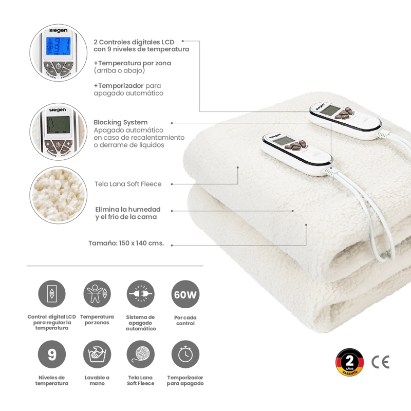 CALIENTA CAMA SIEGEN SG-5351 2 PLAZAS (150 X 140 CMS) - 7