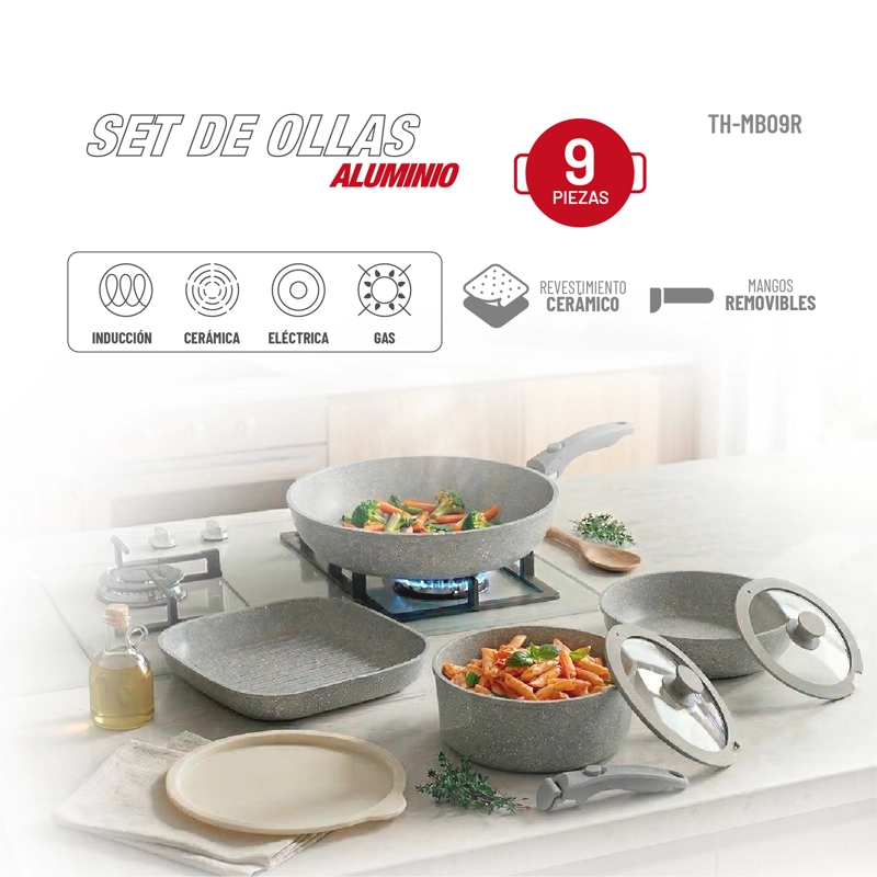 BATERIA DE COCINA ALUMINIO 9 PZAS TH-MB09R - 2