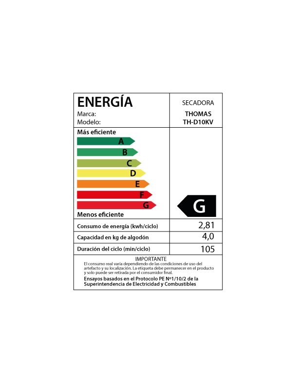 SECADORA ELE CTRICA 10 KG EVACUACION DIRECTA TH-D10KV - 10