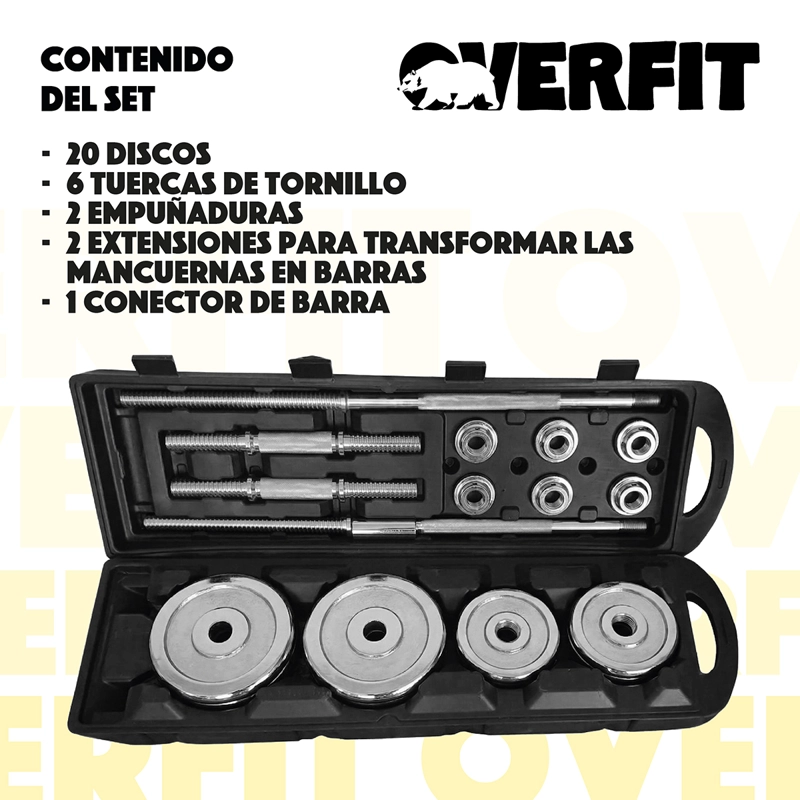 SET MANCUERNAS OVERFIT ACERO 50 KG FITNESS PESAS PESO REGULABLE - 2
