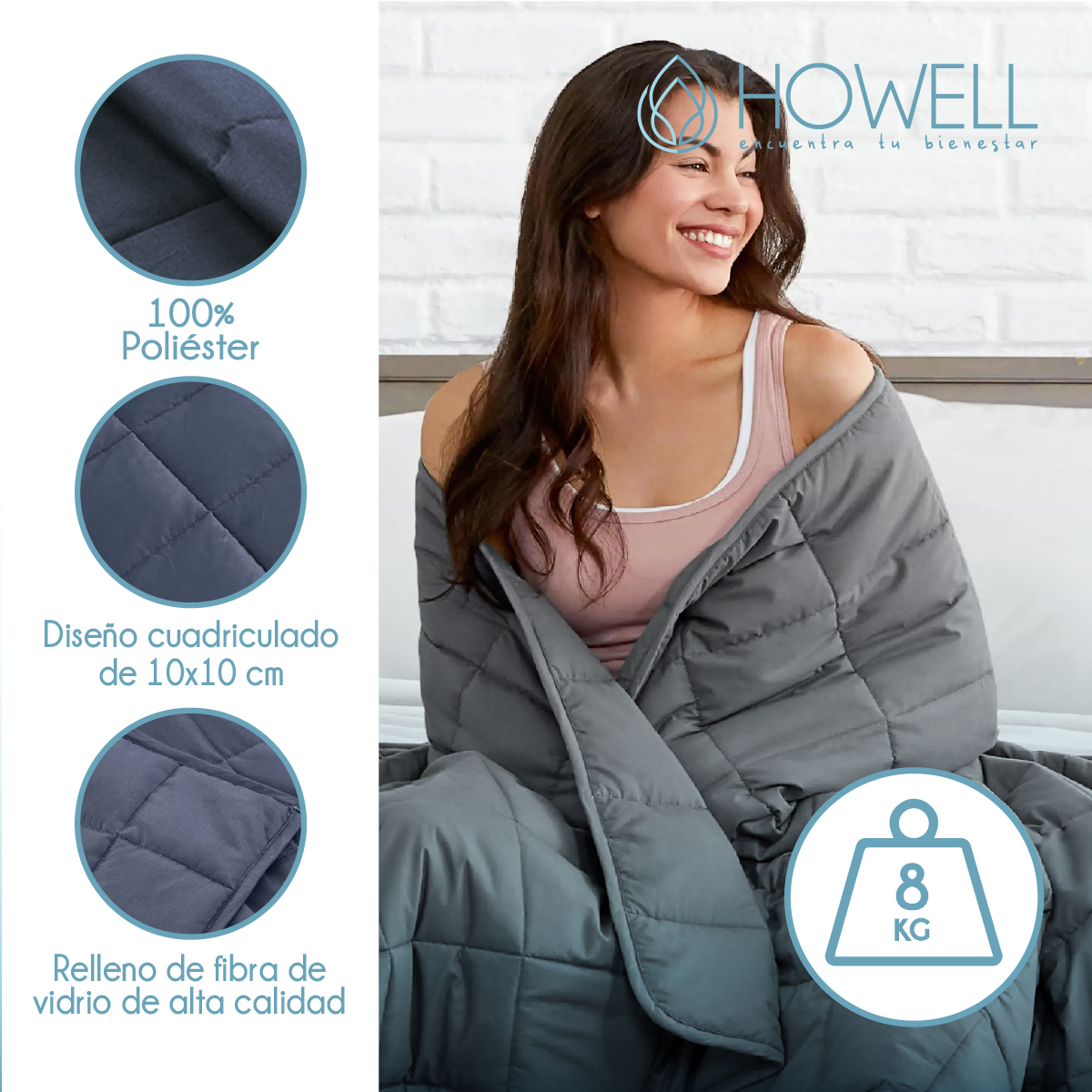 MANTA HOWELL GRAVEDAD PESADA SINGLE 8KG TRASTORNOS SUEÑO 31 X 12 CM GRIS - 7