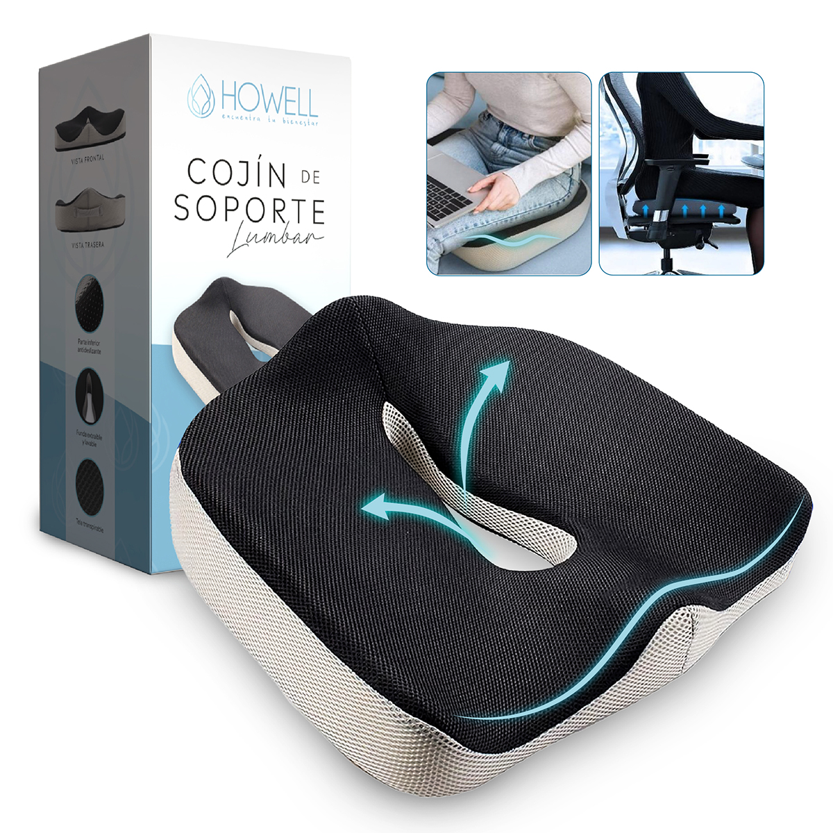 COJÍN HOWELL ORTOPÉDICO ASIENTO LUMBAR ANTIDESLIZANTE - 1