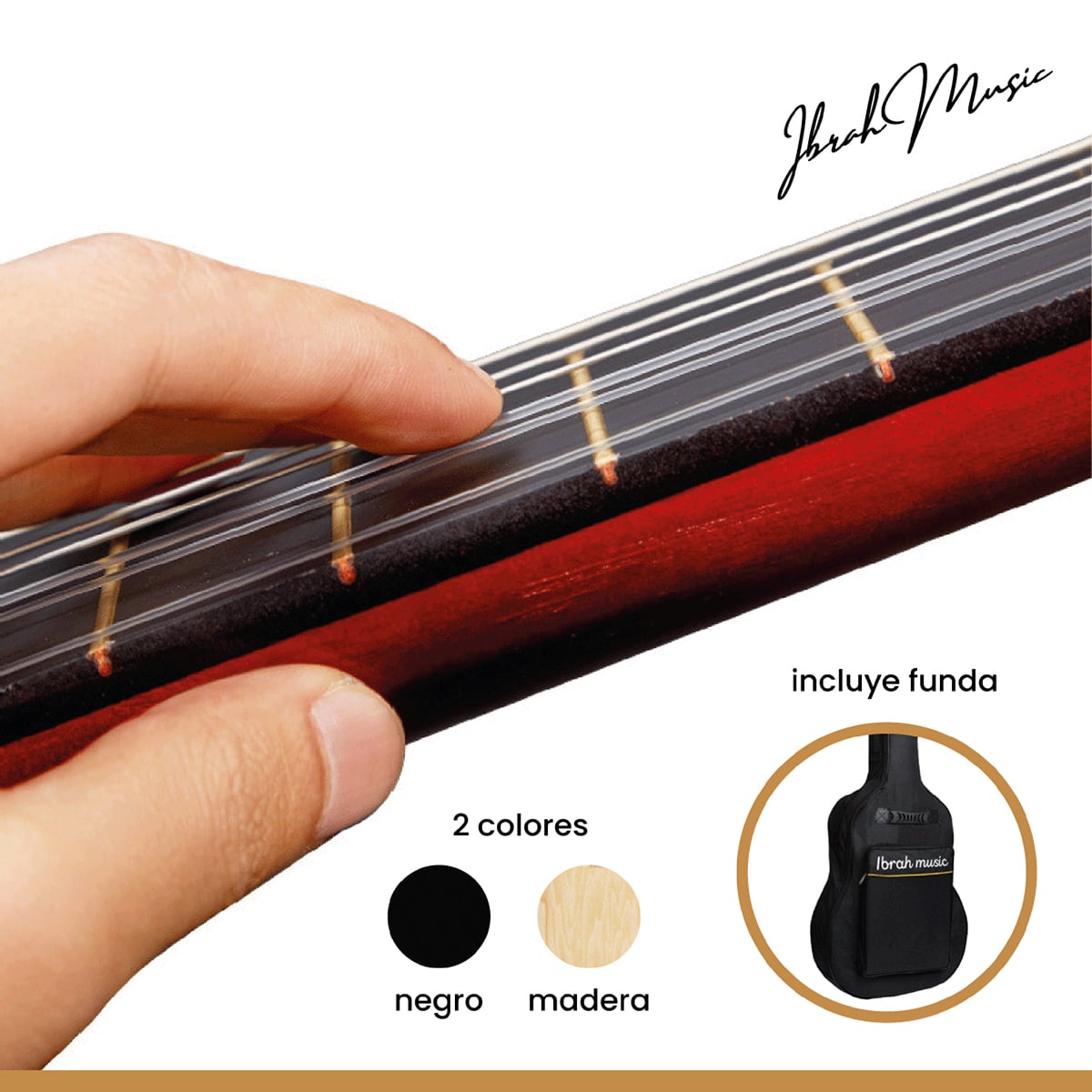 GUITARRA ACÚSTICA IBRAH MUSIC CLÁSICA IBRAH 39 PULGADAS COLORES + FUNDA - 3