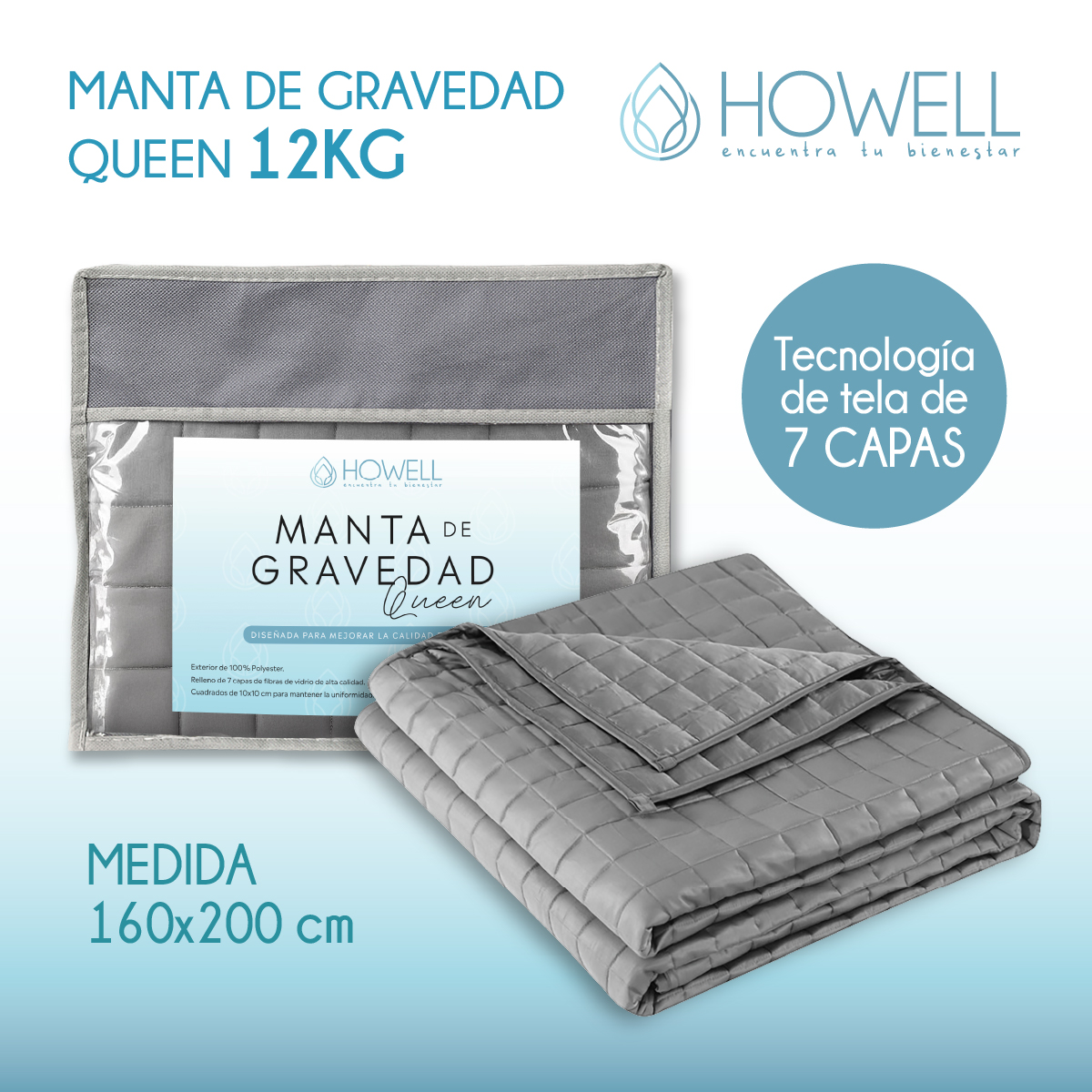 MANTA DE GRAVEDAD PESADA HOWELL QUEEN 12KG TRASTORNOS SUEÑO - 9