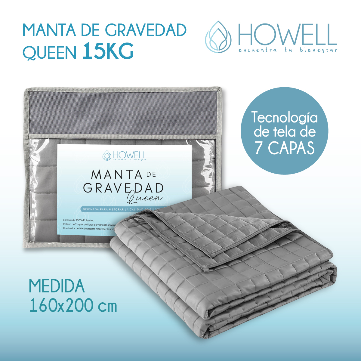 MANTA HOWELL GRAVEDAD PESADA 15KG TRASTORNOS SUEÑO QUEEN 32 X 13 CM GRIS - 9