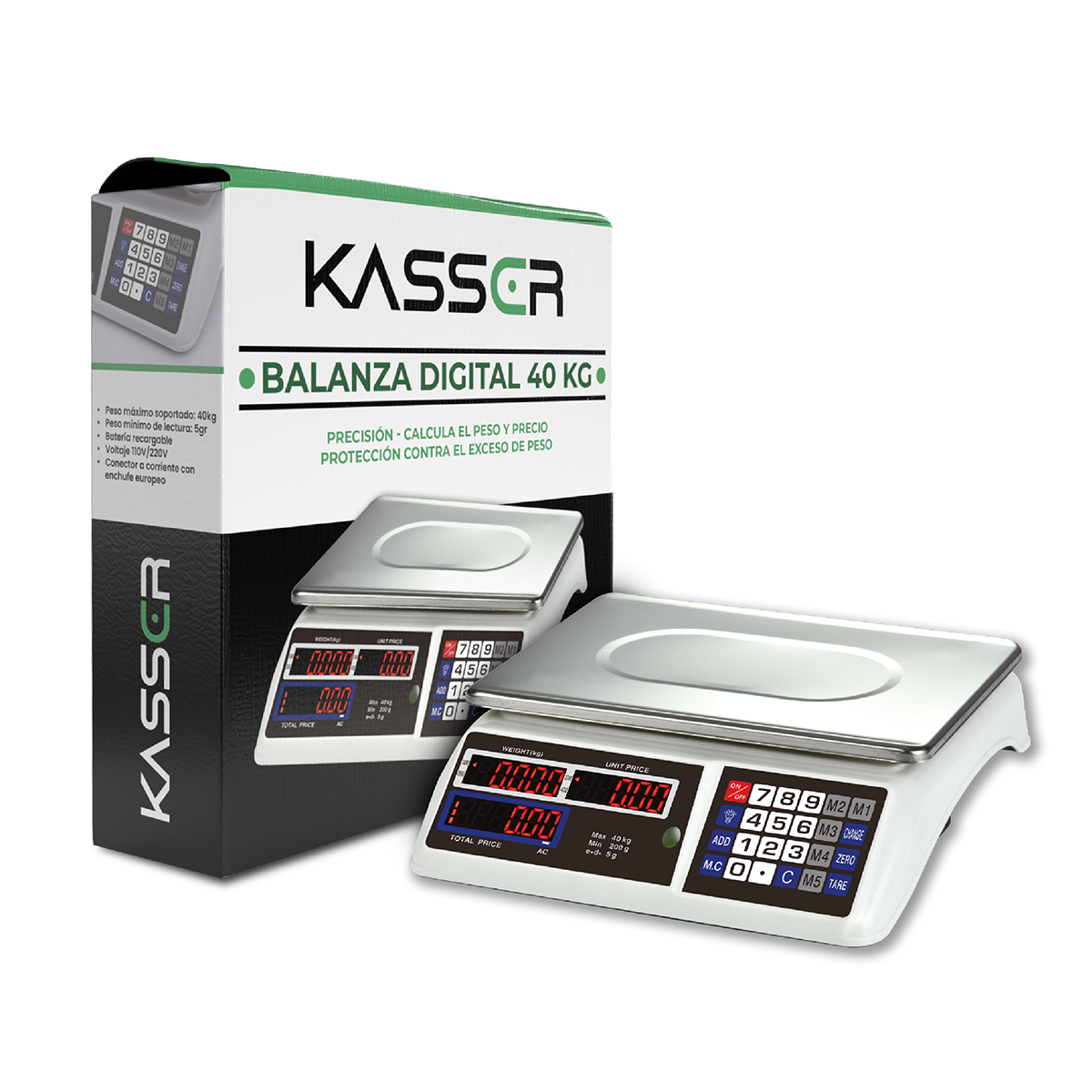 BALANZA DIGITAL KASSER PESA 40 KILOS COMERCIAL RECARGABLE - 1
