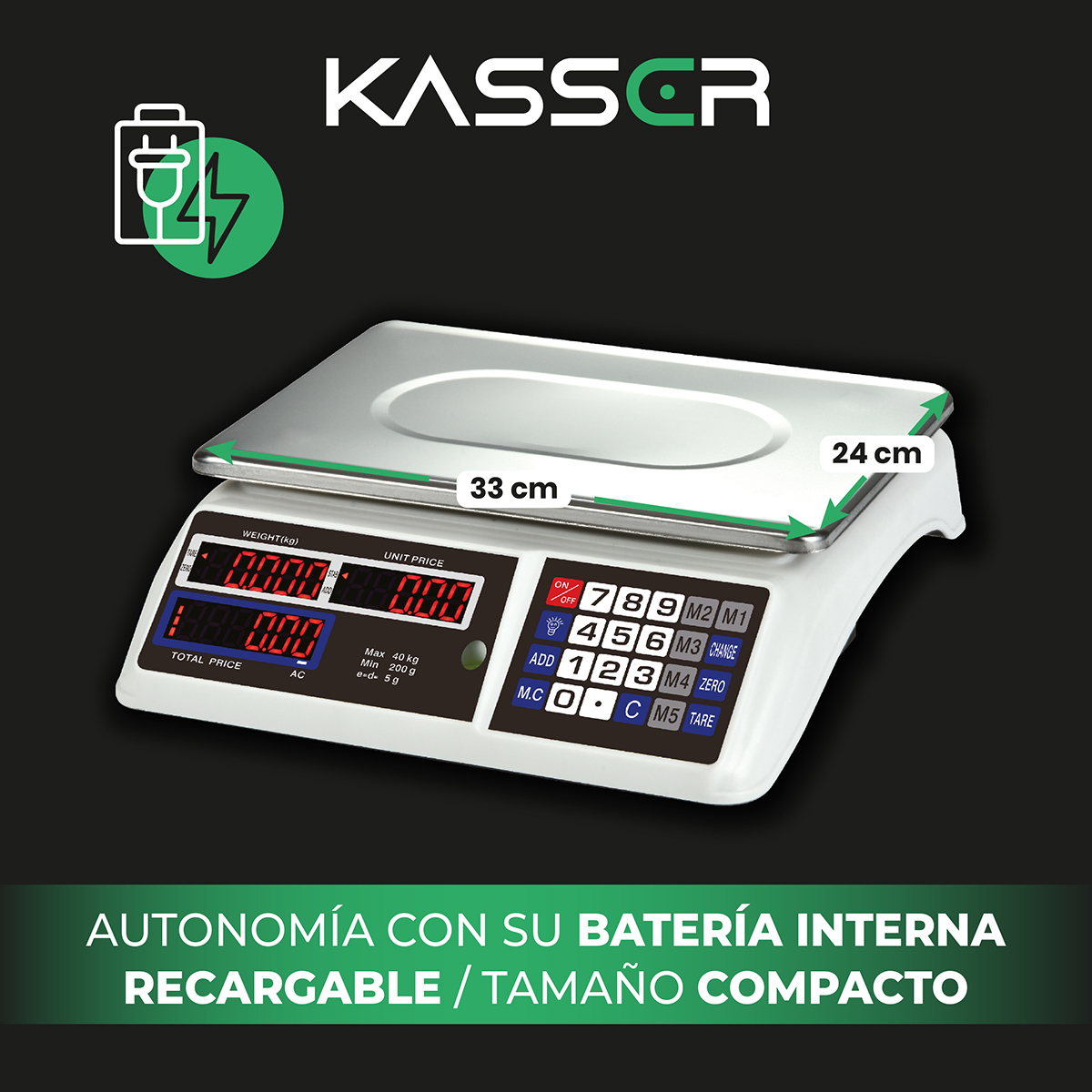 BALANZA DIGITAL KASSER PESA 40 KILOS COMERCIAL RECARGABLE - 4