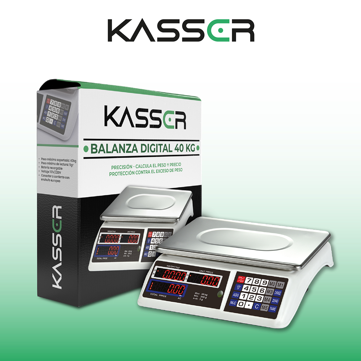 BALANZA DIGITAL KASSER PESA 40 KILOS COMERCIAL RECARGABLE - 8